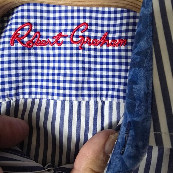Robert Graham‎ Flip Cuff Dress Shirt Large Men's Long Sleeve Blue White Striped - Picture 6 of 8